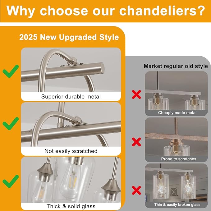 38" Dining Room Light Fixture/Chandelier Over Table, 8-Light Brushed Nickel Kitchen Island Lighting with Clear Glass Shade, Modern Hanging Pendant Lights Fixture for Kitchen Island, Dining Room, Bar