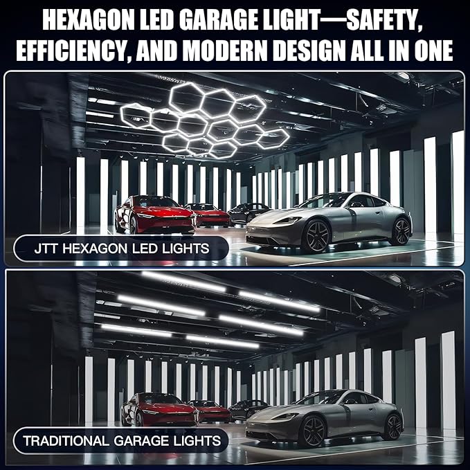 JTT Hexagon Garage Lights, 1Pack 8W LED Garage Hexagon Lights, 6500K Super Bright Car Detailing Ceiling LED Shop Light for Warehouse Workshop Gym Basement Car Care Wash Room