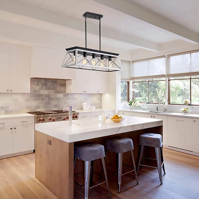 5-Light Pendant Lights Fixture, Farmhouse Chandeliers for Dining Room, Rustic Island Lights for Kitchen, Rectangular Chandelier Rustic Farmhouse Light Fxiture