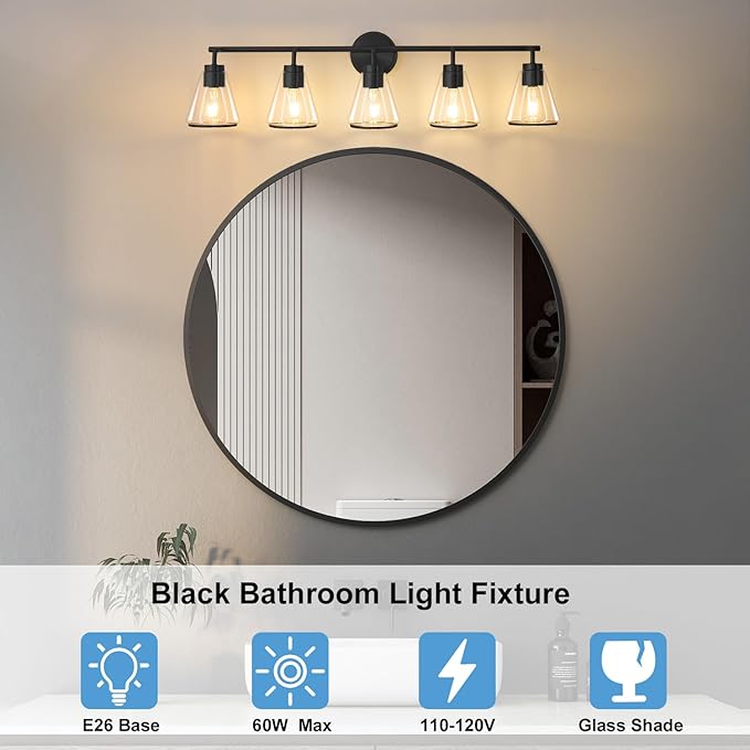 Bathroom Vanity Light 5 Light, Modern Vanity Lighting Fixture for Bathroom, 38.5" Vanity Lights with Clear Glass Shade, Black Bath-Room Wall Light Over Mirror, Wall Sconces for Bath