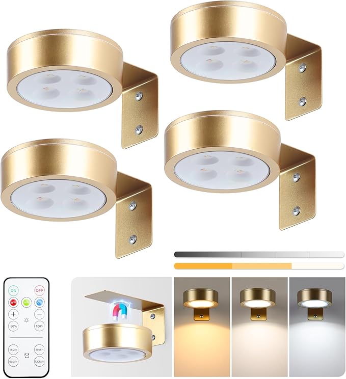 KELUOLY 4-Pack Picture Light Battery Operated Painting Lights for Wall, Magnetic LED Display Art Light with Remote, Dimmable and Timer Portrait Light for Art Frame Artworking, Wall Decor Puck Light