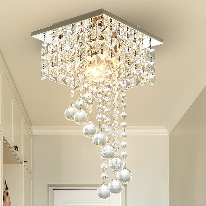 Mini Crystal Chandelier Flush Mount, 7.9" Square Crystal Flush Mount Ceiling Light, 1-Light E26 Socket, K9 Crystal & Stainless Steel, Small Chandelier for Entryway Hallway Closet Bedroom, Chrome
