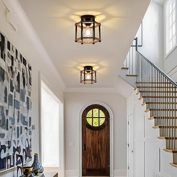 Dijiahua 1-Light Rustic Farmhouse Wood Flush Mount Ceiling Light Fixture, Small Black Semi Flush Mount Ceiling Lighting with Oak Wooden and Hexagonal Cage for Hallway Entryway Bedroom Kitchen