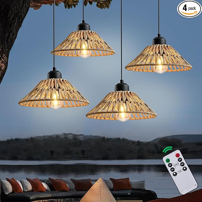 HuixuTe Battery Operated Hanging Outdoor Chandelier, Gazebo Lights Outdoor Pendant Light with Remote Control, 4*AA Battery Powered (Not Included), for Gazebo, Porch, Patio Decor-4 Pack