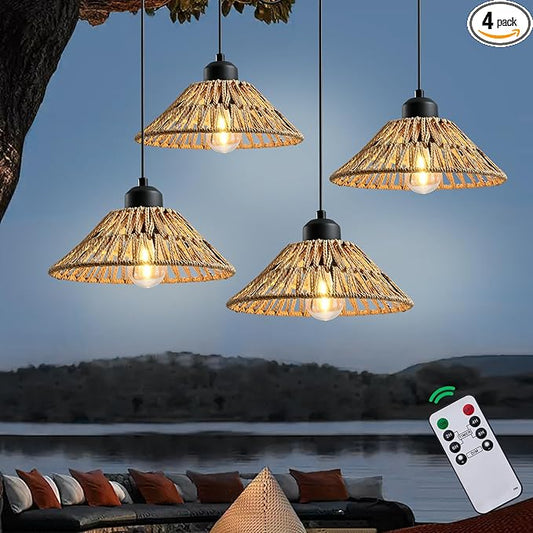 HuixuTe Battery Operated Hanging Outdoor Chandelier, Gazebo Lights Outdoor Pendant Light with Remote Control, 4*AA Battery Powered (Not Included), for Gazebo, Porch, Patio Decor-4 Pack