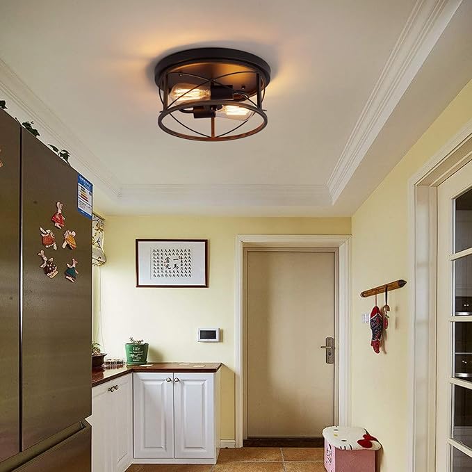 Q&S Farmhouse Ceiling Light Fixture Flush Mount,ORB+Bronze,Rustic Vintage Mini Ceiling Lighting for Hallway Entryway Kitchen Dining Room Bedroom Garage Gazebo Locker,2 Lights UL Listed