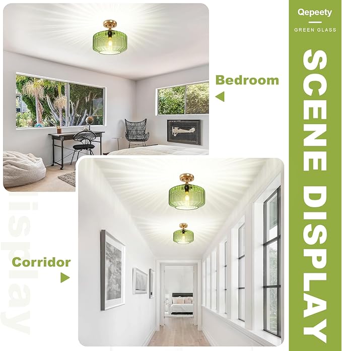 Green Semi Flush Mount Ceiling Light Set of 2 Mid Century Modern Ceiling Light Fixture Vintage Gold Chandelier Farmhouse Close to Ceiling Light Fixtures for Living Room, Bedroom, Entryway