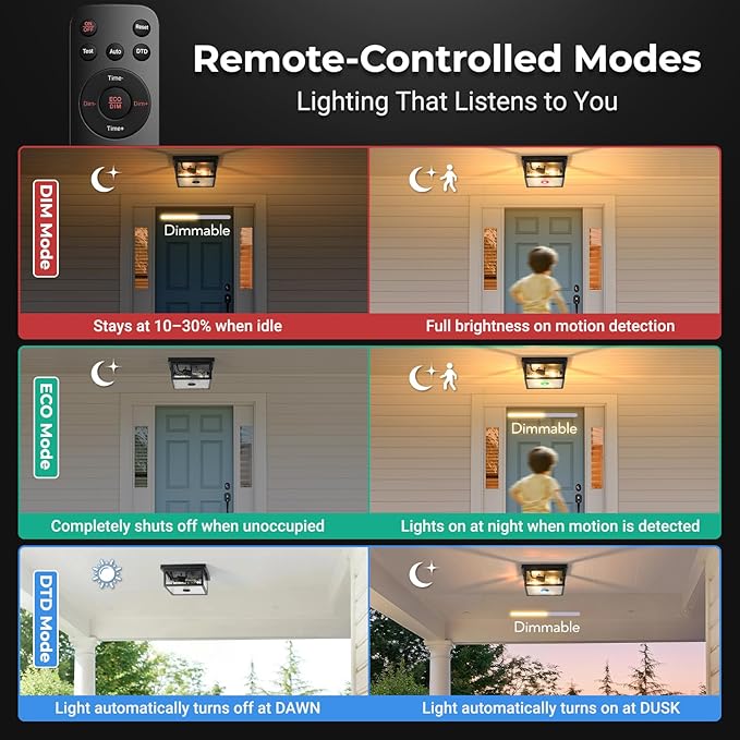 VIANIS Black Motion Sensor Outdoor Ceiling Light with Remote Control, Flush Mount Ceiling Lighting for Porch, Garage, Entryway, Adjustable Distance Time, 5 Modes, Water Ripple Glass, 2-Light(No Bulbs)