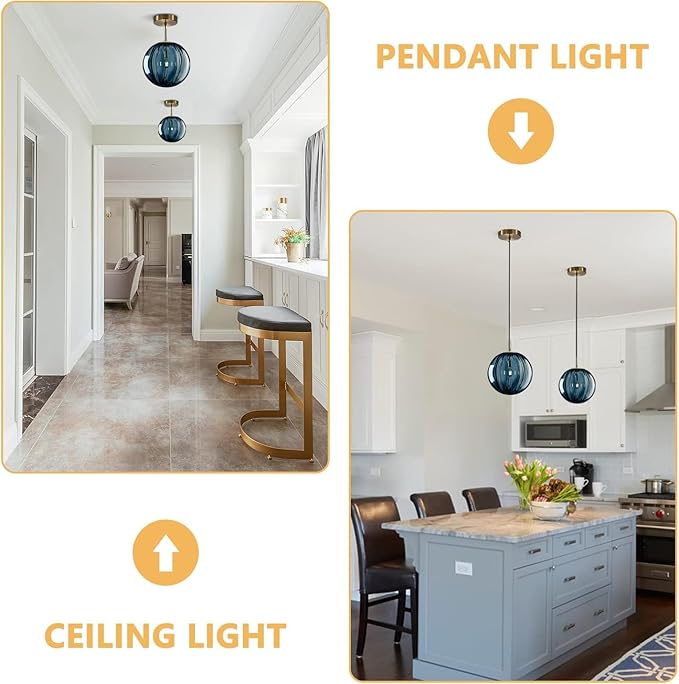 KCO Lighting Glass Globe Pendant Light Single Blue Pendant Lights Kitchen Island Brushed Gold Hanging Light Fixture Mid Century Retro Hanging Lamp Vintage Striped Pendant Light