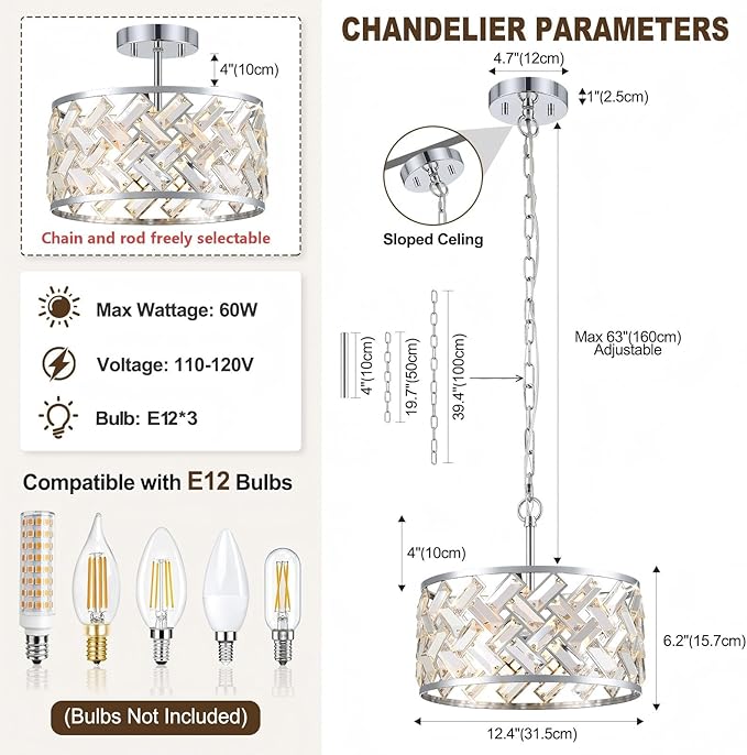 Chrome Crystal Chandelier, 3-Light Morden Dining Room Light Fixture,12.4" Small Round Semi Flush Mount Chandeliers for Kitchen Foryer Entryway Hallway Living Room Bedroom (ETL Listed)