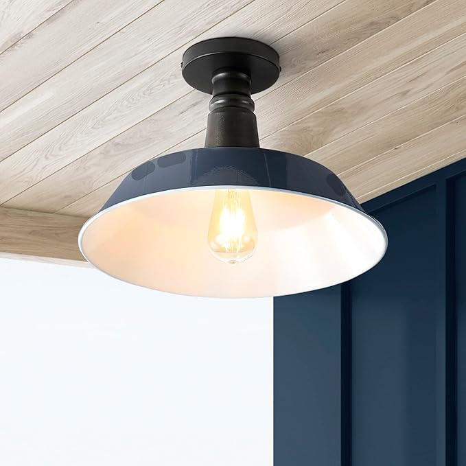 JONATHAN Y 14" Navy/Black 1-Light Industrial LED Semi Flush Mount Ceiling Light for Porch, Kitchen, Entryway, Modern Farmhouse Iron Fixture, White Metal Shade, LED Bulb Included (JYL7617C)