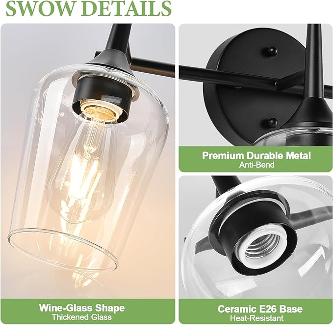 MOKATNG 2-Light Bathroom Light Fixtures, Black Vanity Lights for Bathroom with Clear Glass, Bathroom Lighting Fixtures Over Mirror, Modern Wall lamp for Cabinet Hallway