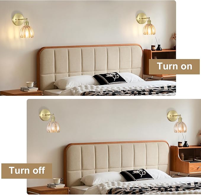 Hardwired Wall Sconces Set of Two, Vintage Wall Lights with Amber Tulip Glass Lampshade, Gold Wall Lamps for Bedroom Bedside Stairway Bathroom Living Room (Bulbs Not Included, Not Battery Powered)