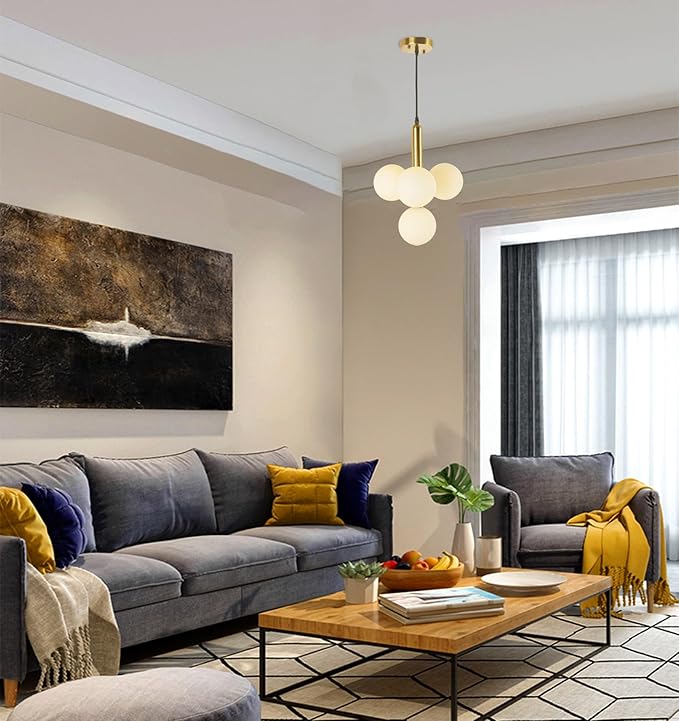 4 Lights Modern Globe Pendant Light Fixture Mid Century Chandelier G9 Bulb Brushed Brass Finished White Globe Glass Shade Dining Kitchen Living Room Lighting (Gold)