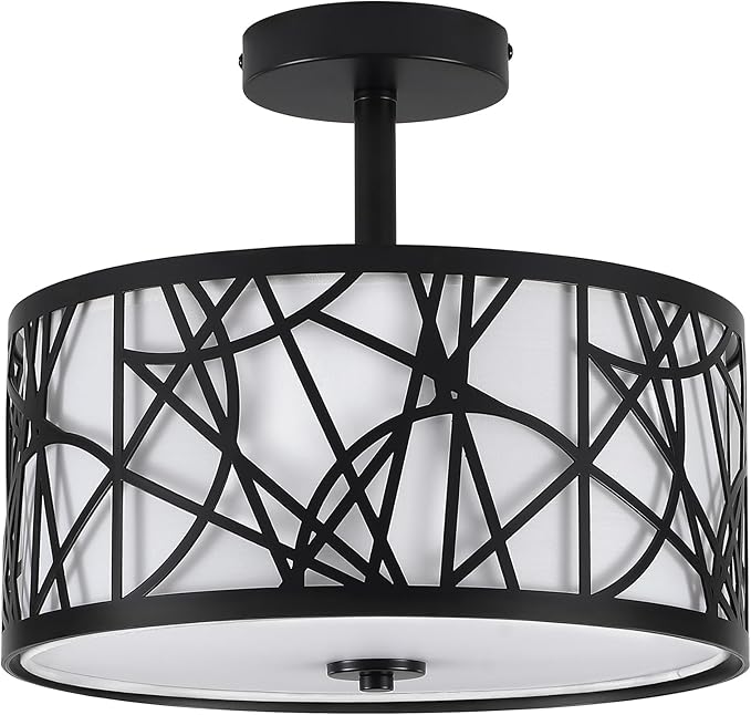 BUXVRCS Semi Flush Mount Ceiling Light, Unique 3-Light Drum Light Fixture with Fabric Shade, Kitchen Light Fixtures Ceiling Mount, Modern Close to Ceiling Lamp for Living Room (Black)