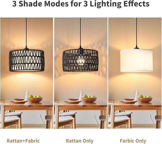 Plug in Pendant Light, Rattan Hanging Lights with Plug in Cord, Woven & Fabric 2 in 1 LampShade, Hanging Lamp Plug in for Bedroom Living Room Kitchen Island-Black (Bulb Included)