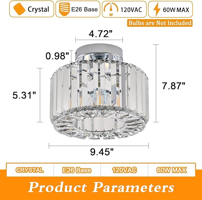 BUXVRCS Silver Crystal Chandelier - Modern Semi Flush Mount Ceiling Light Fixture for Kitchen, Bedroom, Living Room & More (Silver)