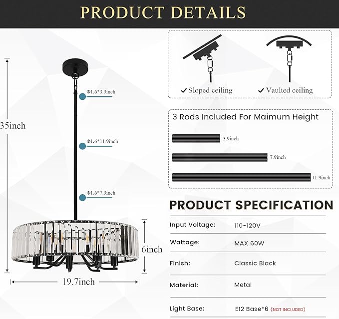 Black Crystal Chandelier for Dining Room, 6-Light Modern Semi Flush Mount Chandelier Lighting Fixtures,Round Kitchen Hanging Drum Pendant Lights Ceiling for Bedroom Entryway Foyer, E12 Base, 19.7Inch
