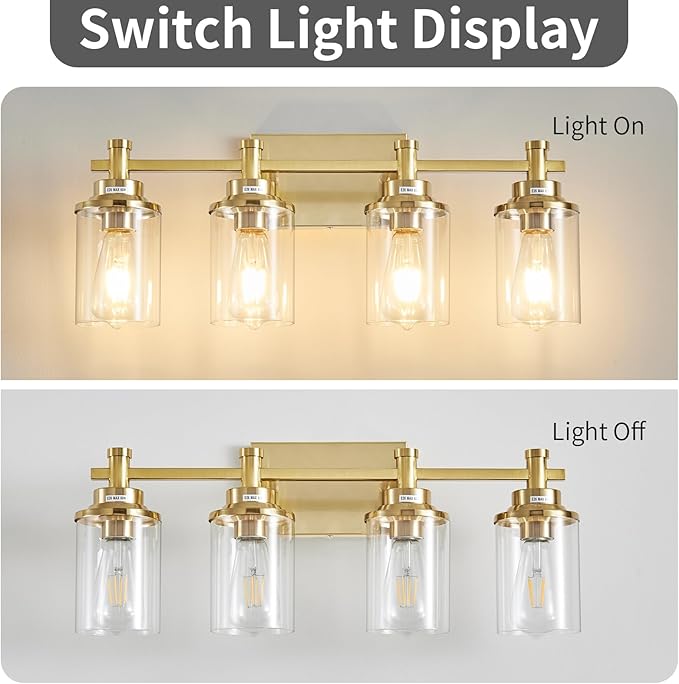 4 Light Brushed Brass Vanity Light Over Mirror, Gold Bathroom Fixtures, Vintage Wall Sconce With Clear Glass Shade, Brushed Gold Lights for Bathroom