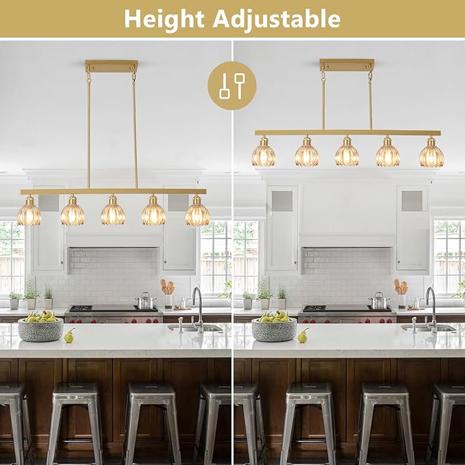 Modern Flower Dining Room Light Fixture, Gold Chandelier for Entryway, 5-Light Kitchen Island Lighting Hanging Pendant Light Fixtures, Glass Chandelier Flower Lamp for Foyer Bedroom Living Room（Amber）