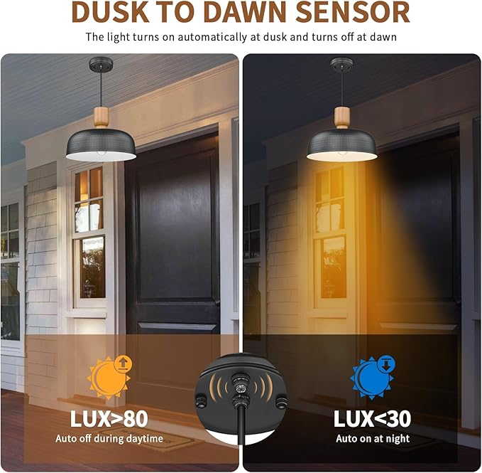 Darkaway Dusk to Dawn Industrial Pendant Light Fixtures Ceiling Hanging with Hammered Metal Shade, 2pcs Black Pendant Light for Outdoor Porch Lighting Hanging Lamp Adjustable Height