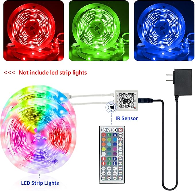 KEXU 44 Key RGB LED Strip Lights IR Remote Control, Remote Receiver for RGB LED Light Strip, 24V Power Adapter for LED Lights