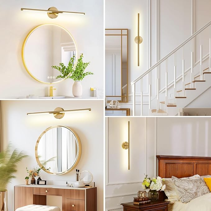 Gold Bathroom Light Fixtures Over Mirror 36 Inch, 26W 360° Rotatable Dimmable 4000K Led Vanity Light Bar, Brushed Gold Bathroom Vanity Lights Above Mirror