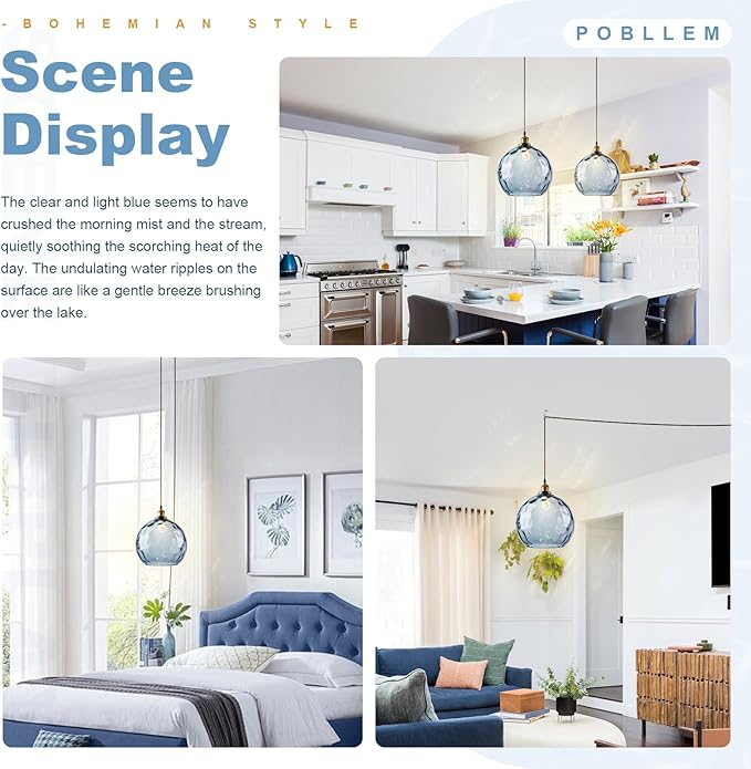 Blue Glass Hanging Light Plug in, 13.8" Large Globe Plug in Ceiling Pendant Light with Hammered Shade, Vintage Gold 1-Light Chandelier Pendant Hanging Lamps for Kitchen Dining Living Room