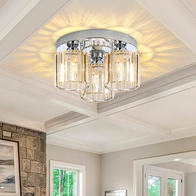 3-Light Glam Drum Chandelier Crystal Ceiling Light Fixture Kitchen Chandeliers with Clear Crystal for Bedroom Entrance Foyer Silver