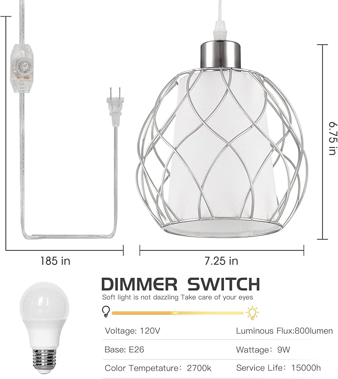 Ruzectt Plug in Pendant Light,Hanging Light with Plug in Cord,Silver Hanging Lamp with Dimmable Switch,15 ft Clear Cord,Hanging Light Fixture for Kitchen Island Living Room Bedroom (Bulb Included)