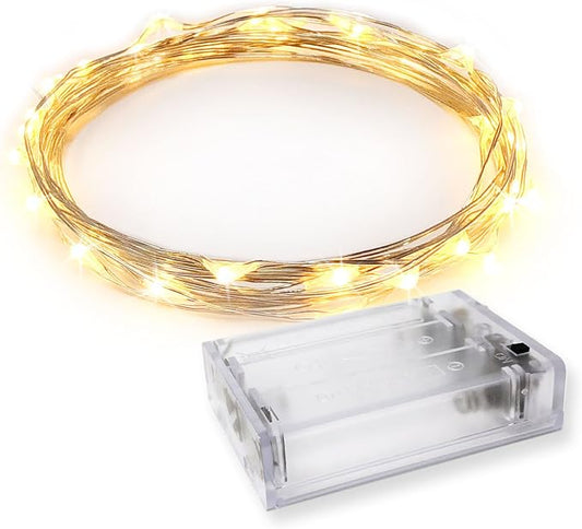 30 LED Wire Twinkle Fairy Lights, Battery Powered, Waterproof — Christmas, Holidays, Halloween, Wedding — Bedroom, Living Room — 9.5 Ft, Warm White, Indoor & Outdoor