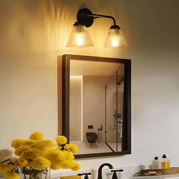 Modern Black Bathroom Vanity Light, 2-Light Wall Sconce with Clear Ribbed Glass Shades, Farmhouse Industrial Light Fixture for Bathroom, Vanity Mirror, Powder Room, Hallway (black, Powder Coated, 2)