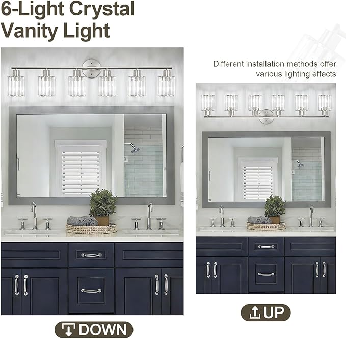 Crystal Bathroom Light Fixtures,Bathroom Lighting Fixtures Over Mirror, Modern 6-Light Brushed Nickel Vanity Lights for Mirror, Restroom,Kitchen(Ceramic E26 Socket,Bulbs Not Include)