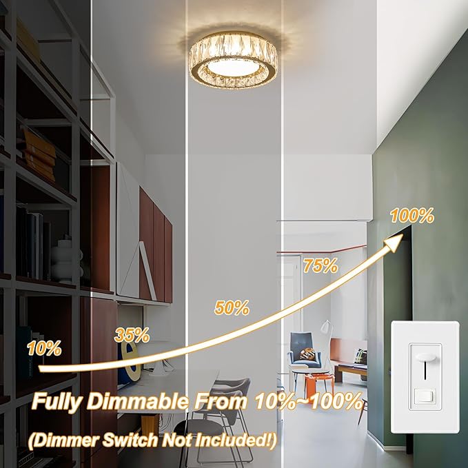 Dimmable Modern Luxury Crystal LED Flush Mount Ceiling Light,11 Inch 24W/5CCT 3000K-6000K Gold Close to Ceiling Light Fixture r for Kitchen,Entryway,Laundry Room,Porch