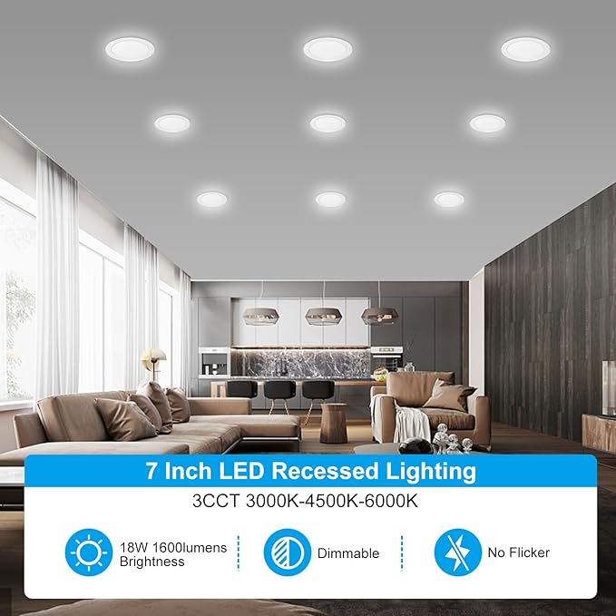 Elaruslux 6 Pack 7 Inch 3CCT Ultra-Thin LED Recessed Light with Junction Box, 3000K/4500K/6000K Selectable, 18W Eqv 125W, Dimmable Ceiling Lights 1600LM Brightness Canless Wafer Downlight