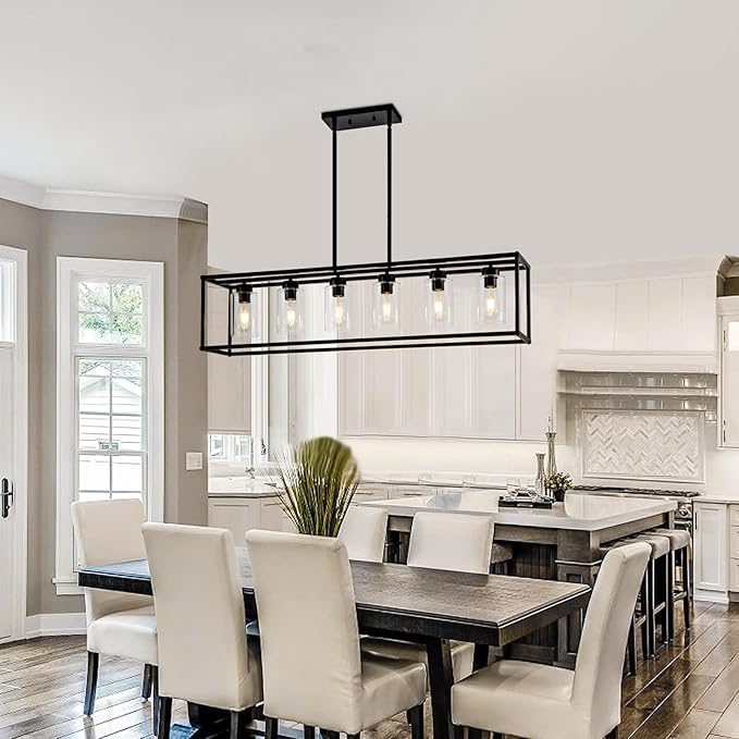 6 Light Dining Room Light Fixture Black Farmhouse Chandelier Kitchen Island Pendant Lighting Rectangle Modern Industrial Living Room Hanging Lights Adjustable Height