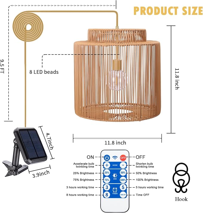 Solar Pendant Light Outdoor Hanging Lantern Solar Outdoor Chandelier with Remote Dimmable Waterproof Lantern Chandelier for Porch Patio Gazebo Garden Yard Decoration