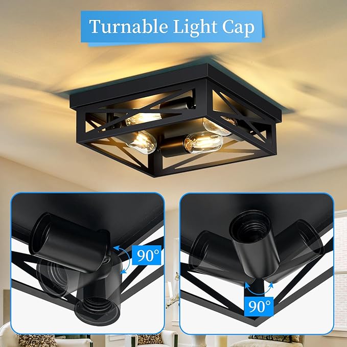 Black Flush Mount Ceiling Light Fixture,4-Light Square Hallway Light Fixtures Ceiling,Light Fixtures Ceiling Mount for Farmhouse,Kitchen,Hall,Bedroom (2 Pack)