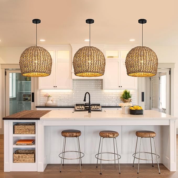13.77" Brown Rattan Pendant Light Fixtures,1-Light Boho Seagrass Pendant Light,Hand Woven Water Plants Rattan Chandelier for Dining Living Bedroom Kitchen Farmhouse