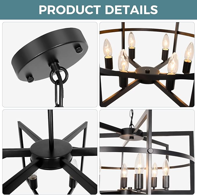 Modern Black Chandelier Ceiling Light for Dining Room, 6-Light Farmhouse Pendant Light Fixture for Over Table, Kitchen Island Lighting, Living Room, Bedroom, Entryway Foyer, Hallway & Staircase