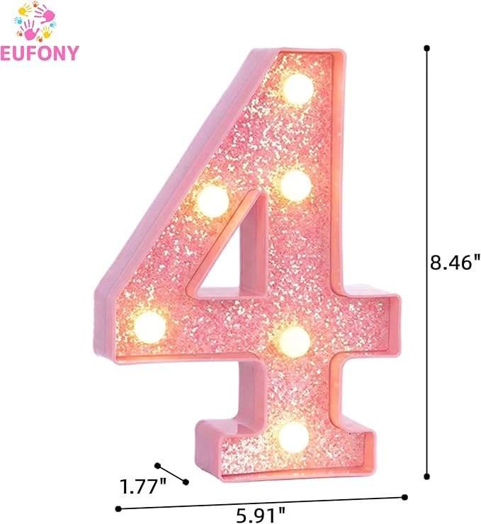 Pink Light Up Marquee Numbers, Glitter LED Number Lights Signs Battery Operated for Girls 4th 14th 24th Pink Birthday Party Table Decorations, 8 Inch Tall Number 4 with Warm White Lights