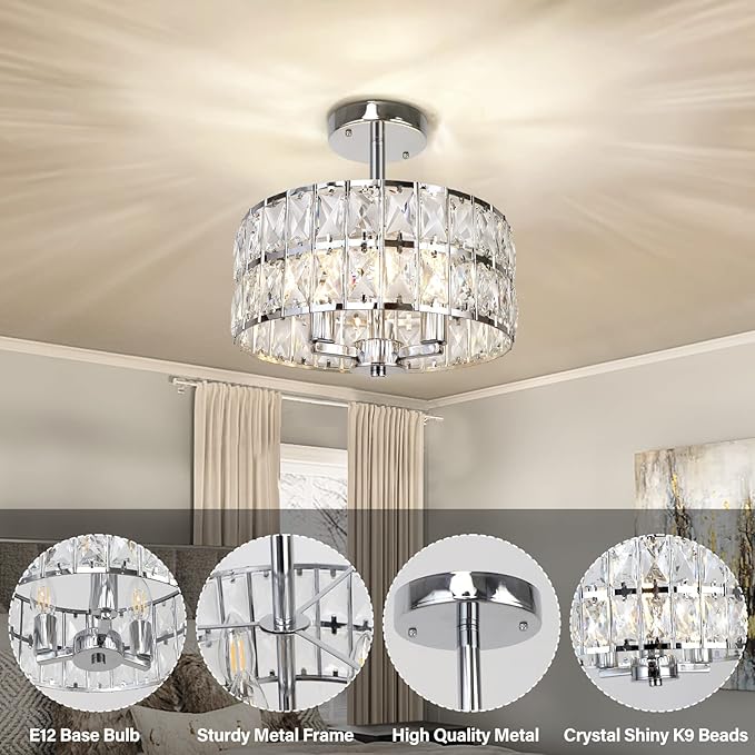 3-Ligth Round Crystal Ceiling Light, Modern Hallway Light Fixtures, 12.6" Chrome Semi Flush Mount Kitchen Chandelier with Cylinder Drum Shade for Closet Dining Room Bedroom