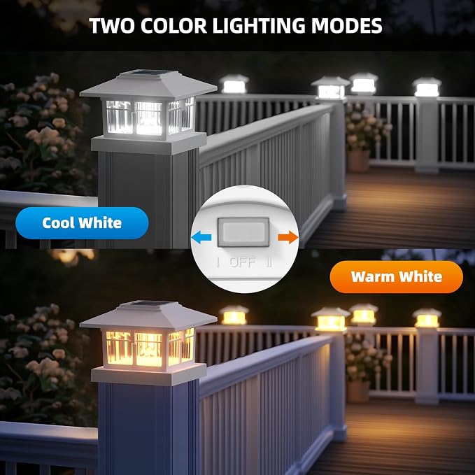 EXCMARK 4x4 Solar Post Cap Lights, 8 Pack Fence Deck Post Lights Outdoor Solar Powered Waterproof with Two Light Modes Warm&Cool White for Garden Patio Decor. (Classic White, 8)