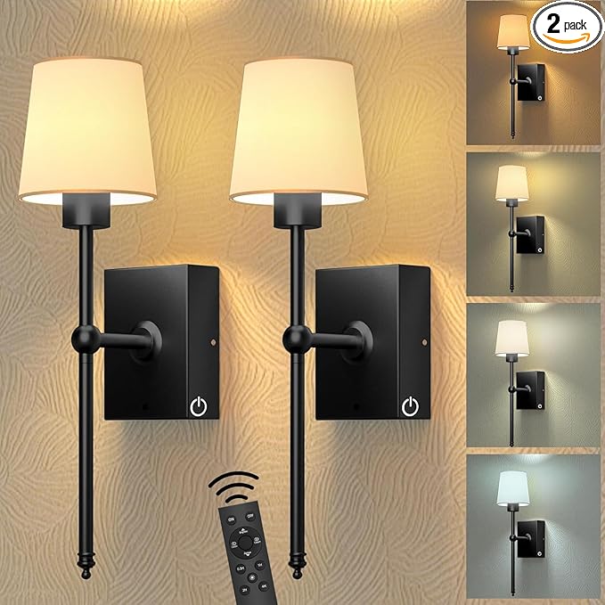 iThird Rechargeable Battery-Operated Wall Sconces Set of 2: Black Wireless Wall Lights with Touch and Remote, 6000mAh Battery Powered Scone Lighting Cordless Wall Lamp for Bedroom Living Room Hallway