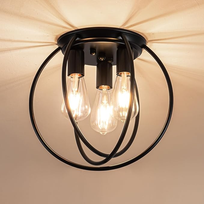 3 Light Industrial Ceiling Light Black Semi Flush Mount Lights Close to Ceiling Light Fixtures,cage Design Farmhouse Ceiling Lighting for Kitchen Bedroom Bathroom Foyer Hallway (E26, 1Pack)