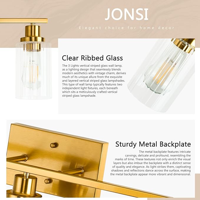 Jonsi 3 Light Brushed Gold Bathroom Vanity Lights with Fluted Glass Shade, Modern Gold Bathroom Lights Over Mirror