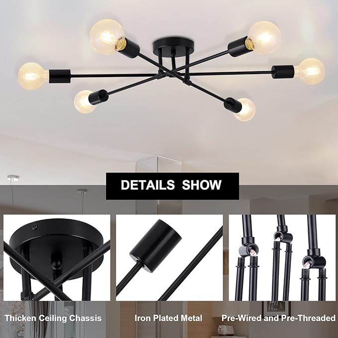 6-Light Sputnik Chandeliers, Black Modern Semi Flush Mount Ceiling Light with E26 Base, Mid Century Industrial Vintage Kitchen Farmhouse Light Fixtures for Dining Room Bedroom Living Room
