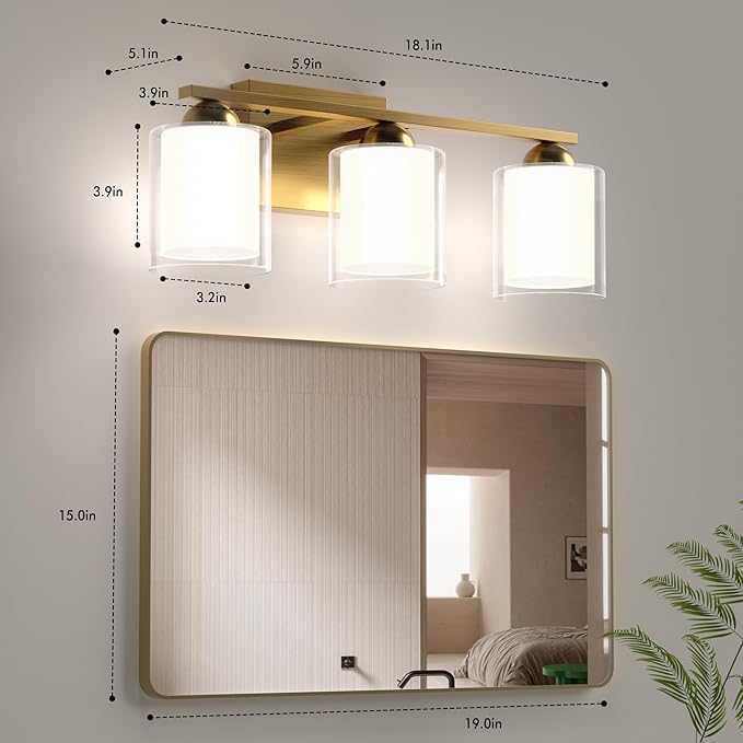 Quntis Gold Bathroom Light Fixtures, 3 Light Modern Vanity Lights Over Mirror, 5 Colors & Stepless Dimmable LED Bathroom Lighting with Milk White Frosted Glass, 16 Inch (Bulbs Included)