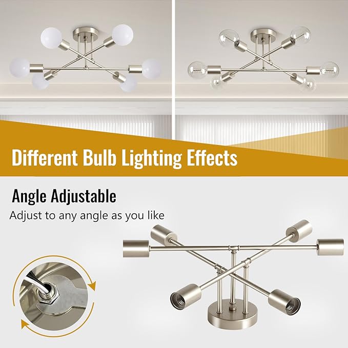 Nickle Modern Sputnik Chandelier Ceiling Light Fixture,6-Light Dining Room Light Fixture,Industrial Metal Kitchen Lighting Fixtures Ceiling,Angle Adjustable Semi Flush Mount Ceiling Light for Bedroom