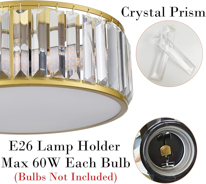 12 Inch Gold Crystal Flush Mount Ceiling Light 3-Light Drum Shade Ceiling Light Fixtures Luxury Crystal Glass Flush Mount Lighting for Bedroom Hallway Bathroom